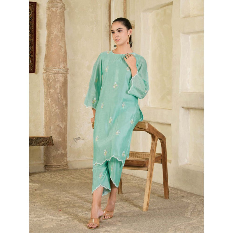 Maive Mint Green Hand Embroidered Chanderi Kurta and Pant (Set of 2)
