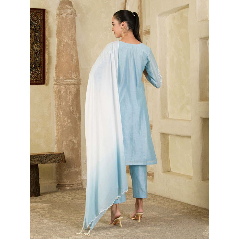 Maive Sky Blue Hand Embroidered Chanderi Kurta with Pant and Dupatta (Set of 3)
