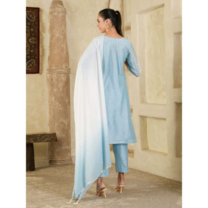 Maive Sky Blue Hand Embroidered Chanderi Kurta with Pant and Dupatta (Set of 3)