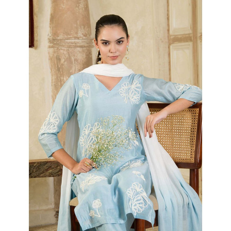 Maive Sky Blue Hand Embroidered Chanderi Kurta with Pant and Dupatta (Set of 3)