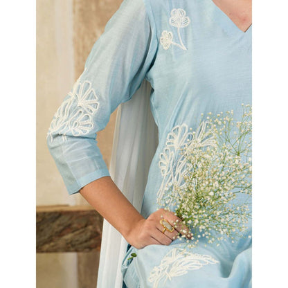 Maive Sky Blue Hand Embroidered Chanderi Kurta with Pant and Dupatta (Set of 3)