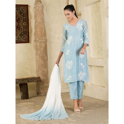 Maive Sky Blue Hand Embroidered Chanderi Kurta with Pant and Dupatta (Set of 3)