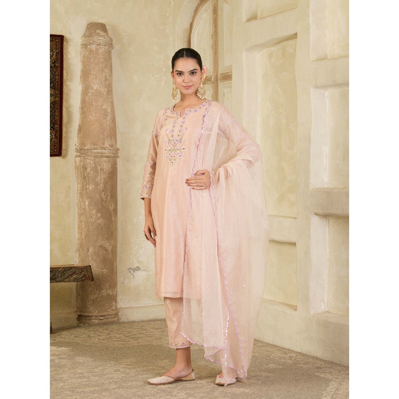 Maive Mauve Hand Embroidered Chanderi Kurta with Pant and Dupatta (Set of 3)