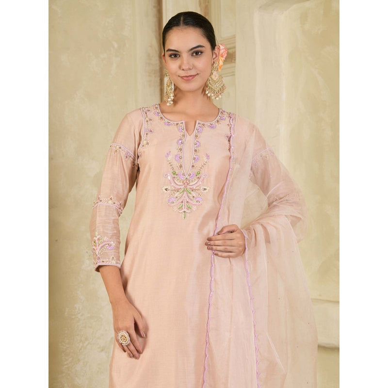 Maive Mauve Hand Embroidered Chanderi Kurta with Pant and Dupatta (Set of 3)