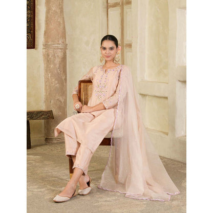 Maive Mauve Hand Embroidered Chanderi Kurta with Pant and Dupatta (Set of 3)
