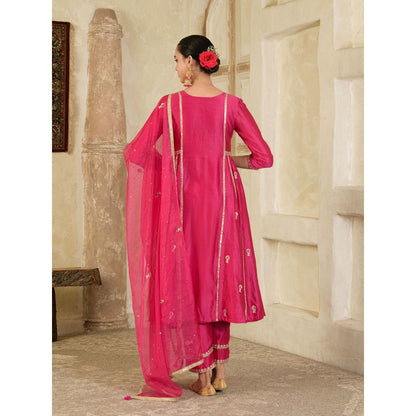 Maive Fuchsia Pink Embroidered Chanderi Anarkali with Pant and Dupatta (Set of 3)