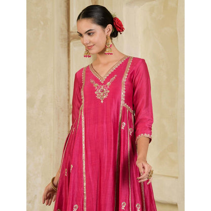 Maive Fuchsia Pink Embroidered Chanderi Anarkali with Pant and Dupatta (Set of 3)