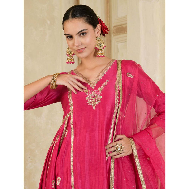 Maive Fuchsia Pink Embroidered Chanderi Anarkali with Pant and Dupatta (Set of 3)