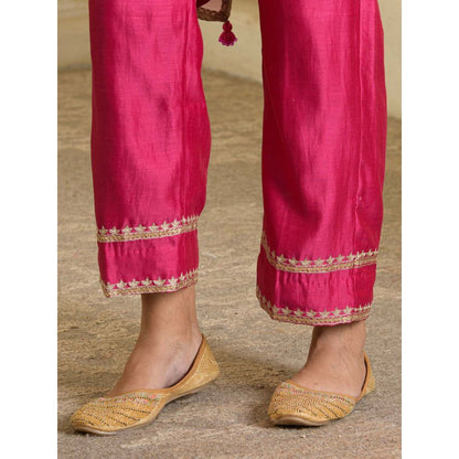 Maive Fuchsia Pink Embroidered Chanderi Anarkali with Pant and Dupatta (Set of 3)