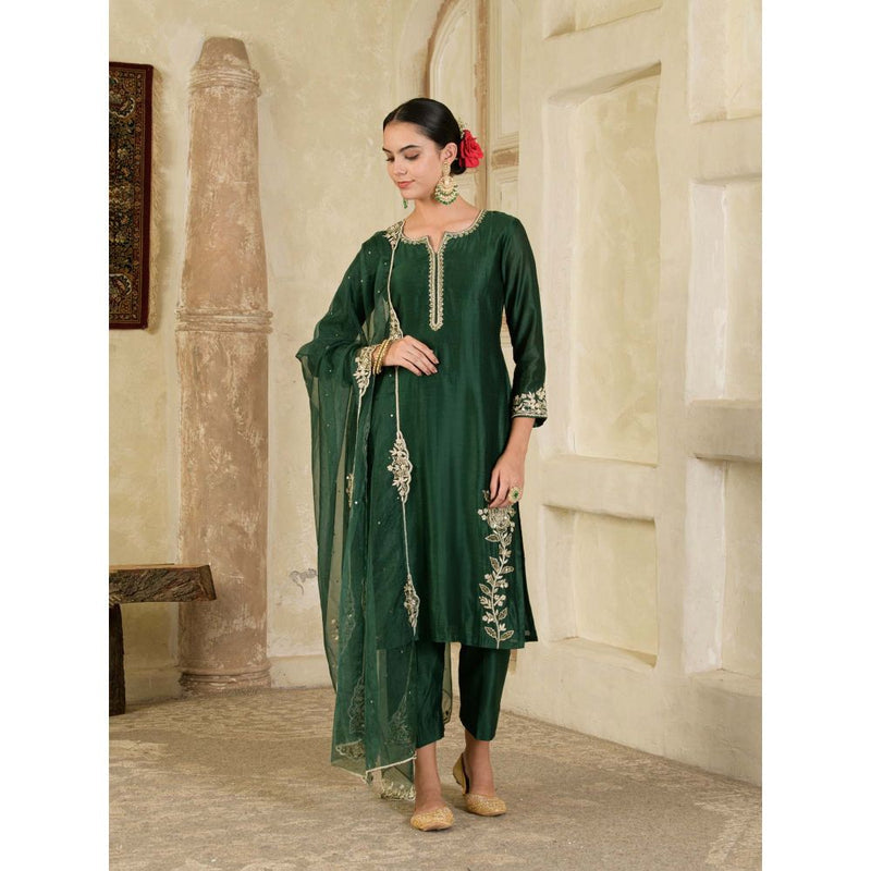 Maive Dark Green Embroidered Chanderi Kurta with Pant and Dupatta (Set of 3)