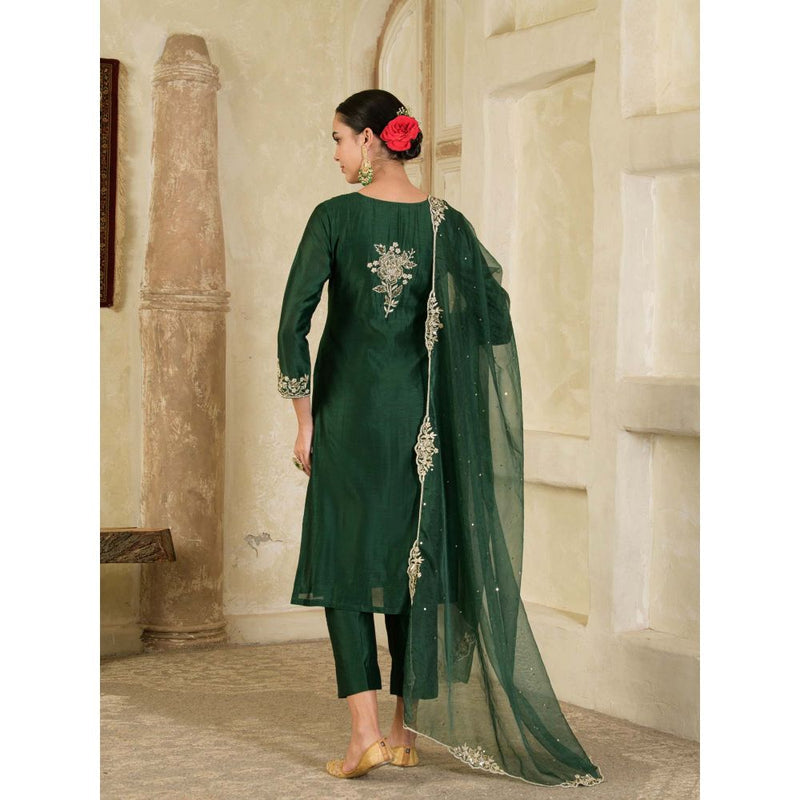 Maive Dark Green Embroidered Chanderi Kurta with Pant and Dupatta (Set of 3)