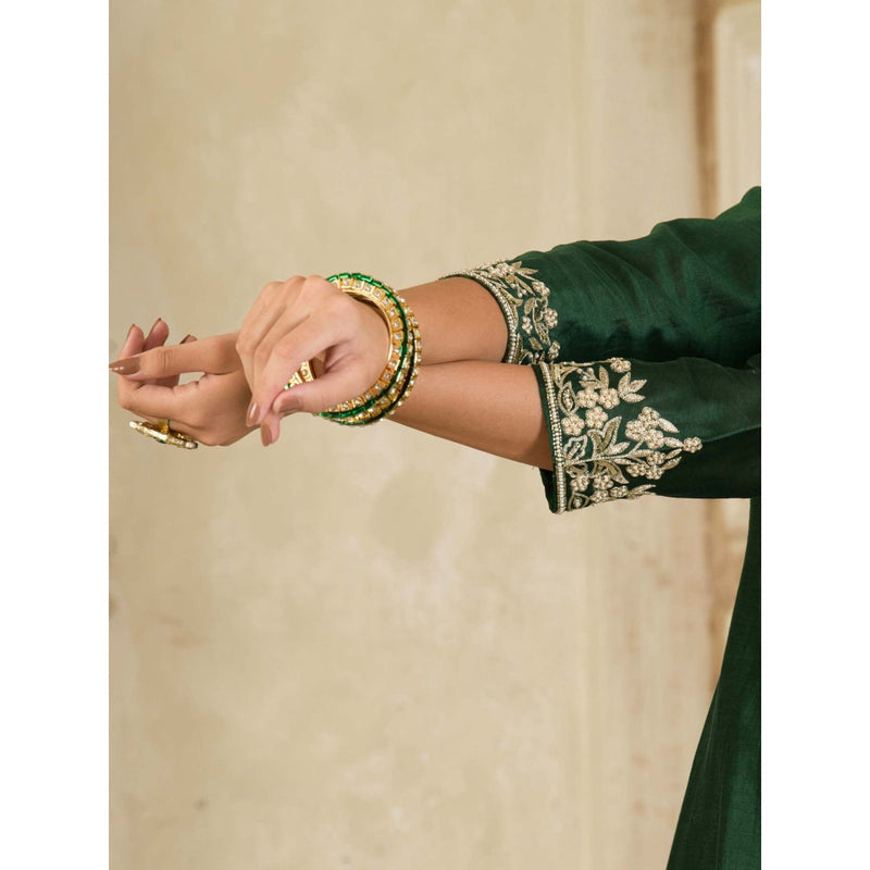 Maive Dark Green Embroidered Chanderi Kurta with Pant and Dupatta (Set of 3)