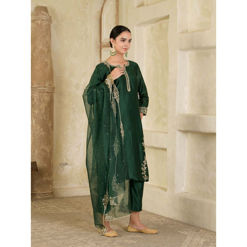 Maive Dark Green Embroidered Chanderi Kurta with Pant and Dupatta (Set of 3)
