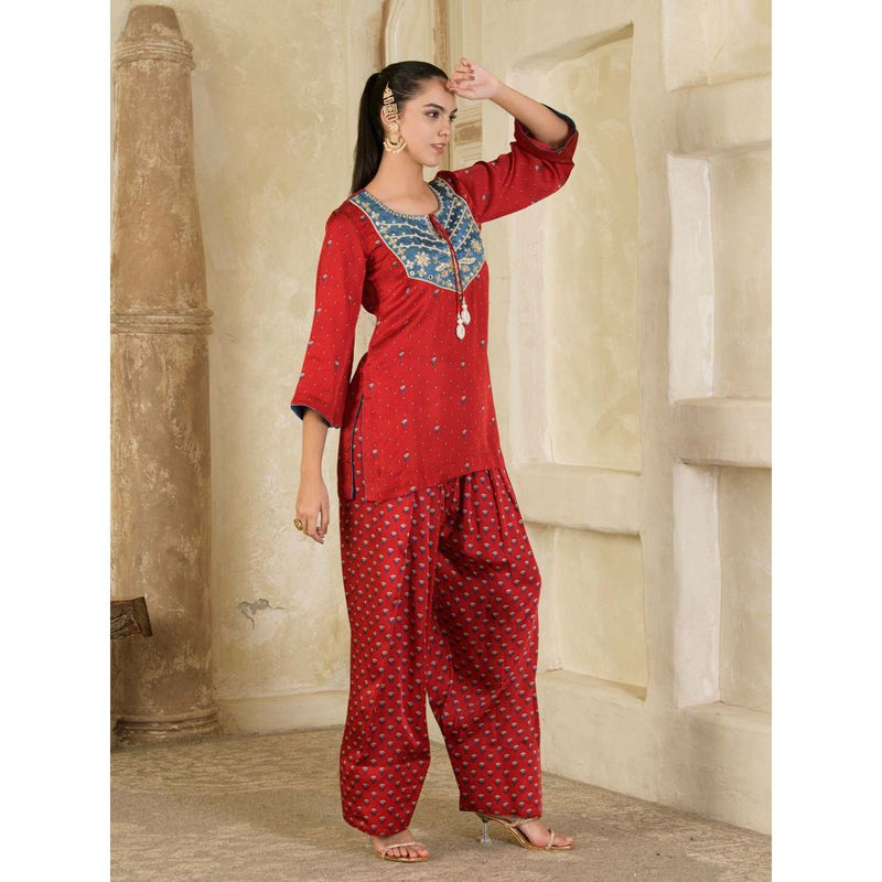 Maive Maroon Hand Embroidery Farsi Kurta with Salwar and Dupatta (Set of 3)