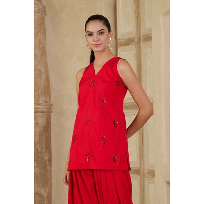 Maive Red Hand Embroidered Farsi Salwar with Kurti and Dupatta (Set of 3)