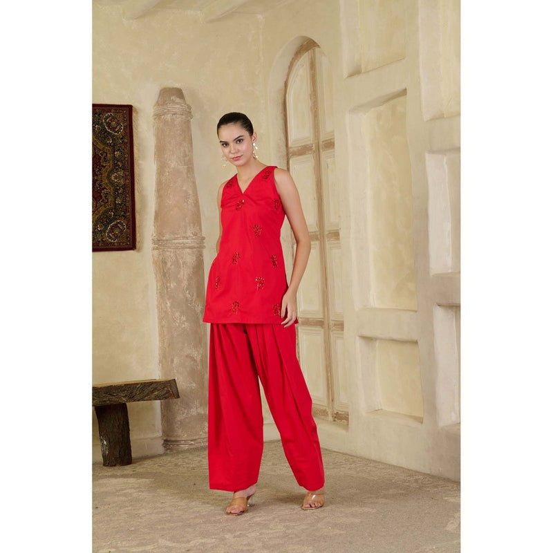 Maive Red Hand Embroidered Farsi Salwar with Kurti and Dupatta (Set of 3)