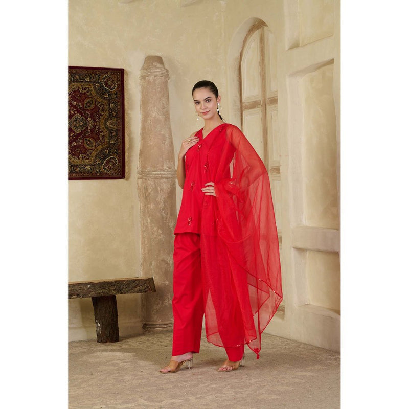 Maive Red Hand Embroidered Farsi Salwar with Kurti and Dupatta (Set of 3)