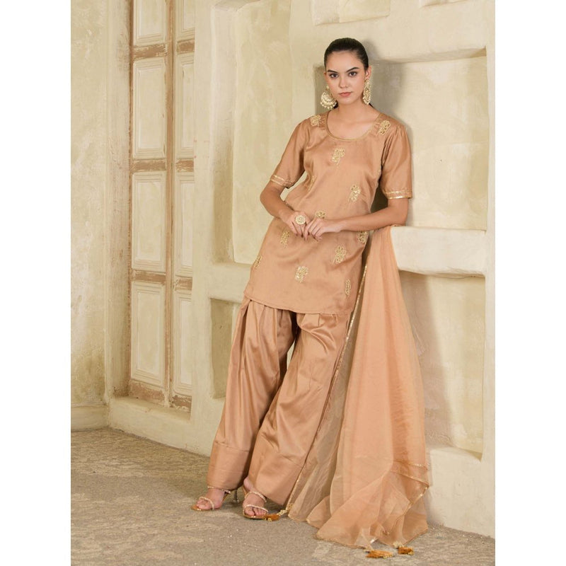 Maive Beige Hand Embroidered Farsi Salwar with Kurti and Dupatta (Set of 3)