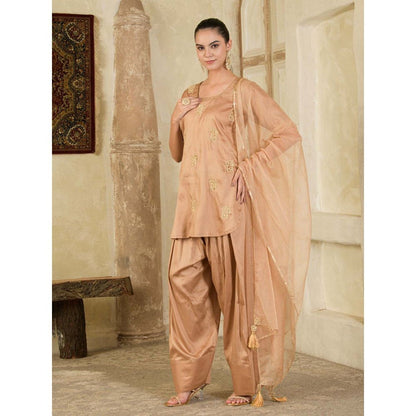 Maive Beige Hand Embroidered Farsi Salwar with Kurti and Dupatta (Set of 3)