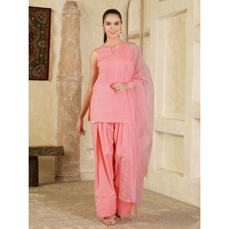 Maive Pink Sequins Embroidered Farsi Salwar with Kurti and Dupatta (Set of 3)