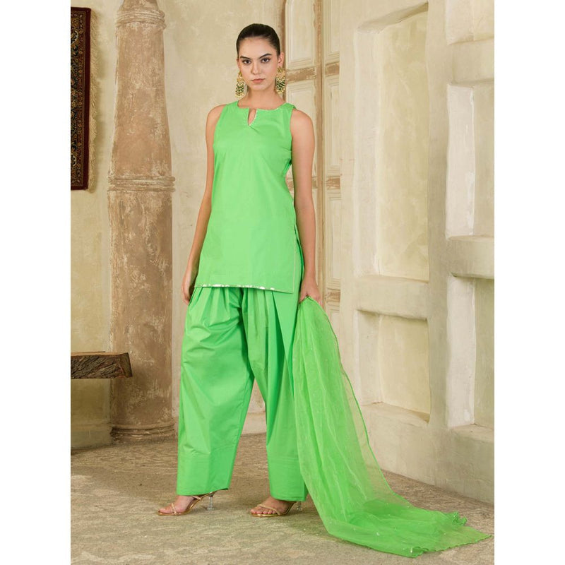 Maive Green Sequins Embroidered Farsi Salwar with Kurti and Dupatta (Set of 3)