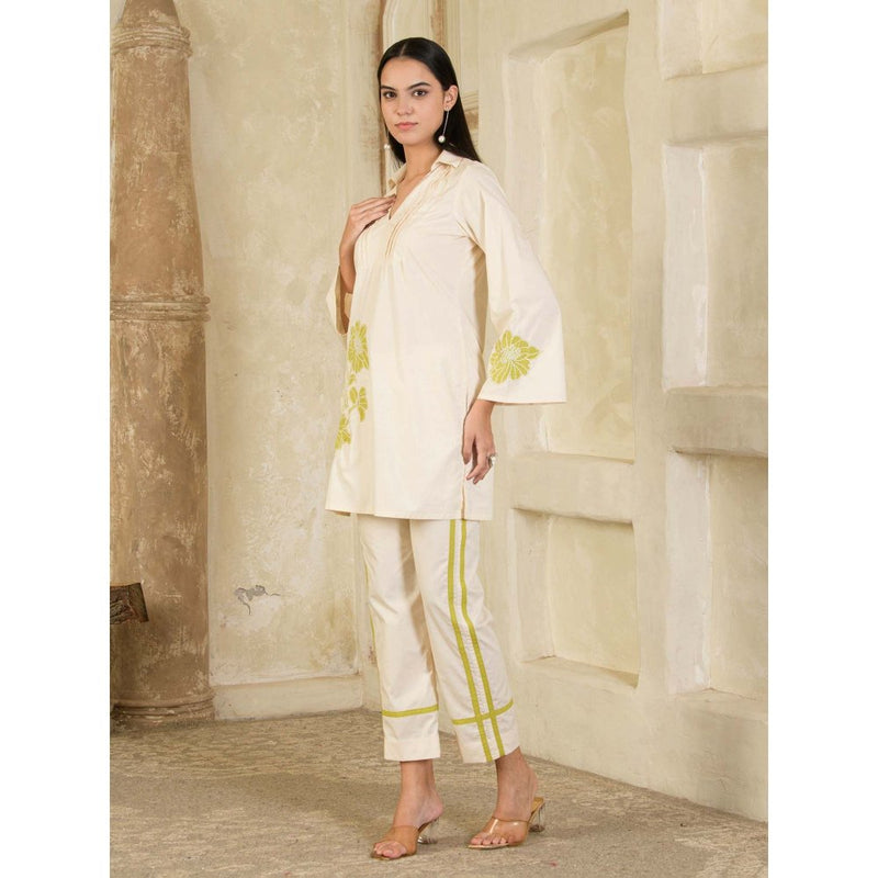 Maive Beige Hand Embroidered Collar Neck Co-Ord (Set of 2)