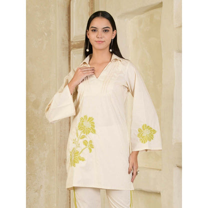 Maive Beige Hand Embroidered Collar Neck Co-Ord (Set of 2)