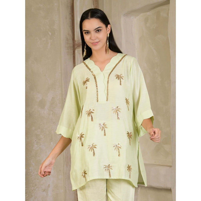 Maive Pista Green Hand Embroidered Chanderi Co-Ord (Set of 2)