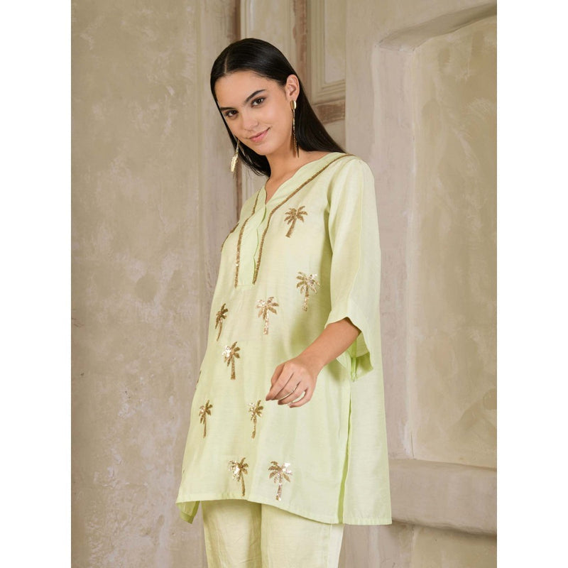 Maive Pista Green Hand Embroidered Chanderi Co-Ord (Set of 2)