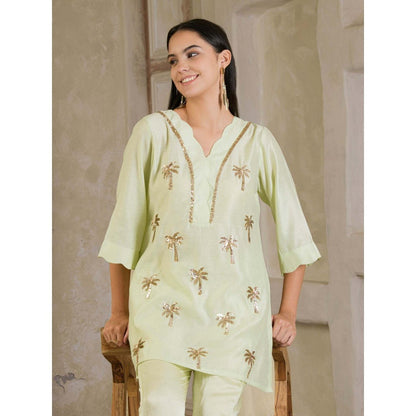 Maive Pista Green Hand Embroidered Chanderi Co-Ord (Set of 2)