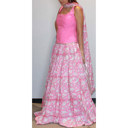 MALIKA GUPTA Pink Floral Print Top with Skirt and Dupatta (Set of 3)
