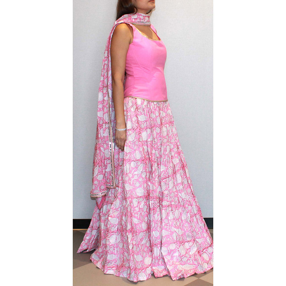 MALIKA GUPTA Pink Floral Print Top with Skirt and Dupatta (Set of 3)