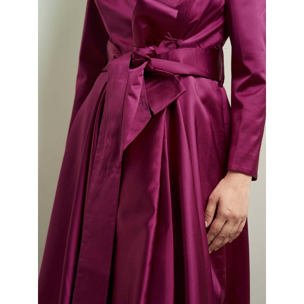 MALIKA GUPTA Wine Julia Solid Gown with Belt (Set of 2)