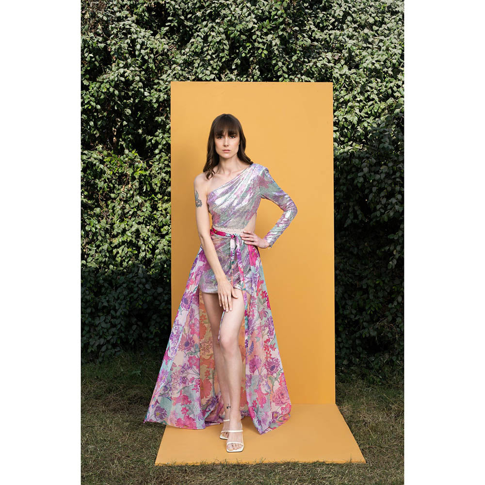 MANDIRA WIRK Hibiscus Printed Sequins One Shoulder Short Tulip Dress with Wrap (Set of 2)