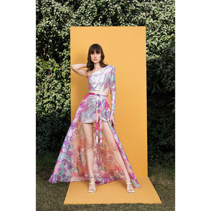 MANDIRA WIRK Hibiscus Printed Sequins One Shoulder Short Tulip Dress with Wrap (Set of 2)