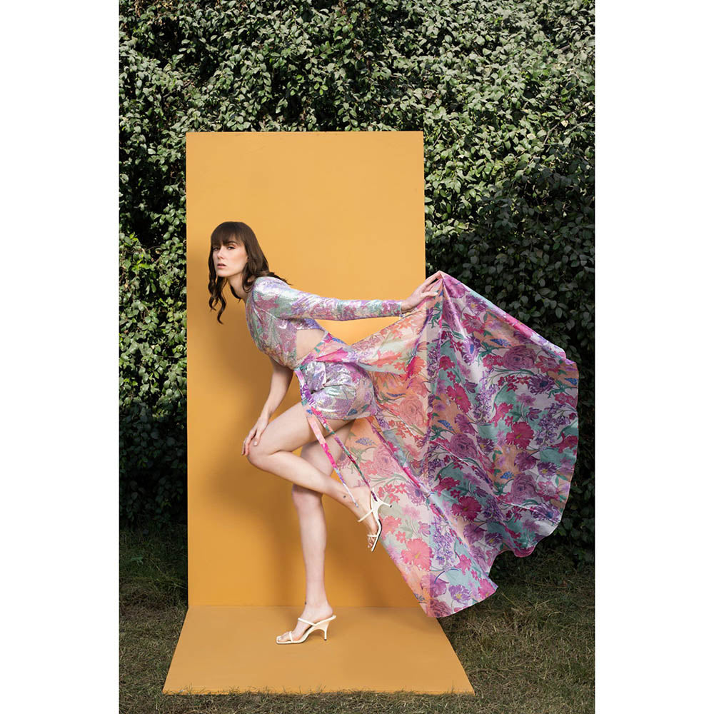 MANDIRA WIRK Hibiscus Printed Sequins One Shoulder Short Tulip Dress with Wrap (Set of 2)