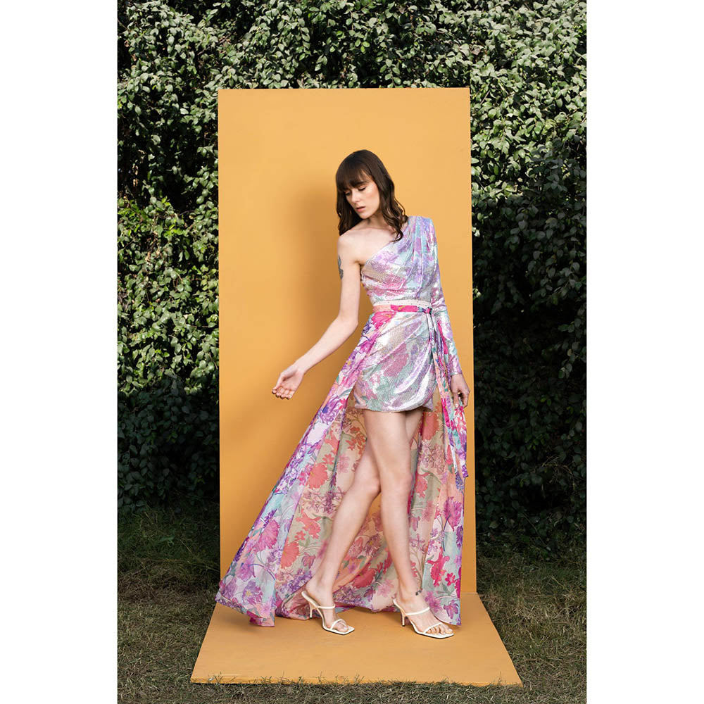 MANDIRA WIRK Hibiscus Printed Sequins One Shoulder Short Tulip Dress with Wrap (Set of 2)