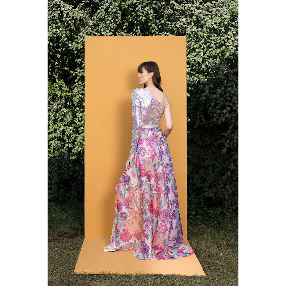 MANDIRA WIRK Hibiscus Printed Sequins One Shoulder Short Tulip Dress with Wrap (Set of 2)