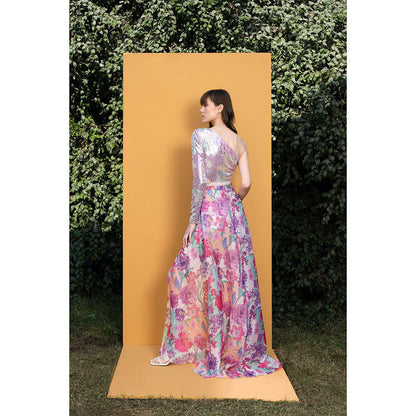 MANDIRA WIRK Hibiscus Printed Sequins One Shoulder Short Tulip Dress with Wrap (Set of 2)