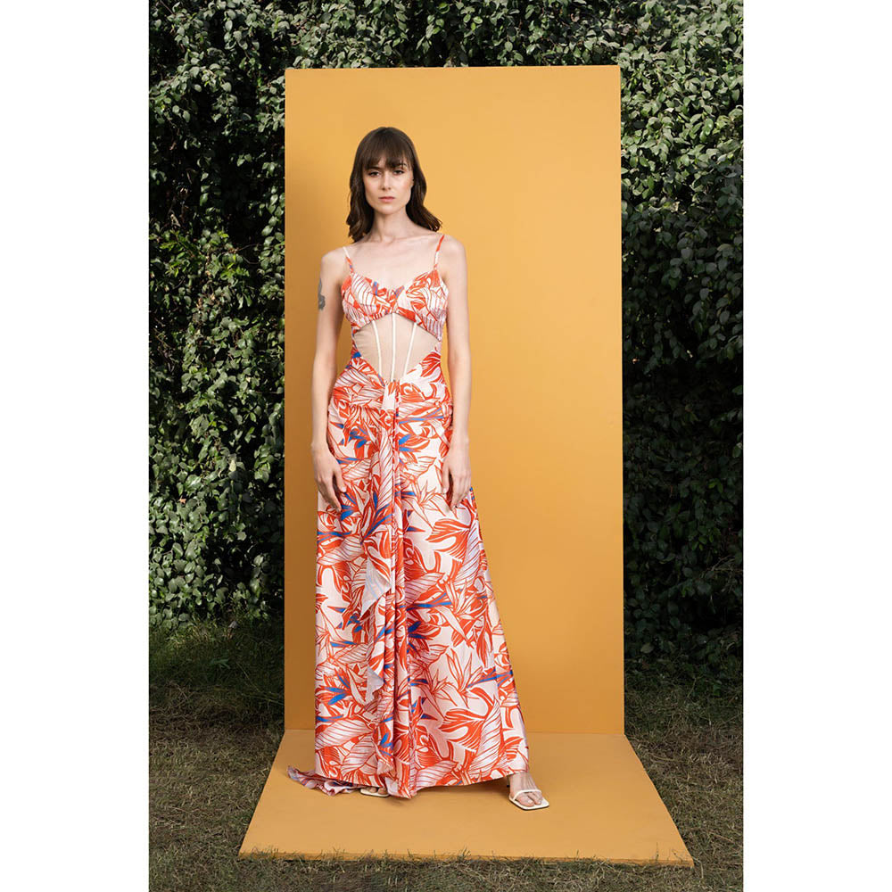 MANDIRA WIRK Willow Printed Satin Long Dress with Boning