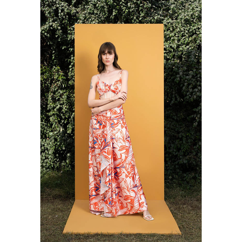 MANDIRA WIRK Willow Printed Satin Long Dress with Boning