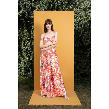 MANDIRA WIRK Willow Printed Satin Long Dress with Boning