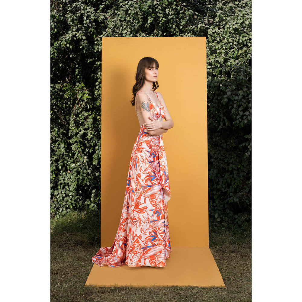 MANDIRA WIRK Willow Printed Satin Long Dress with Boning