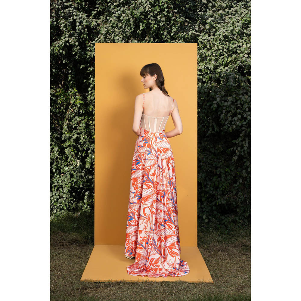 MANDIRA WIRK Willow Printed Satin Long Dress with Boning