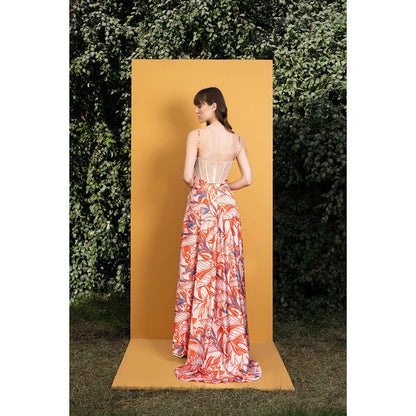 MANDIRA WIRK Willow Printed Satin Long Dress with Boning