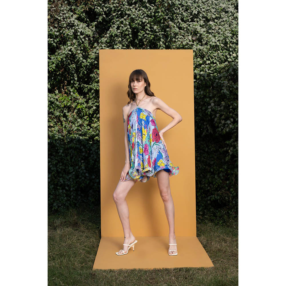 MANDIRA WIRK Hibiscus Printed Halter Neck Short Dress with Chain Detailing