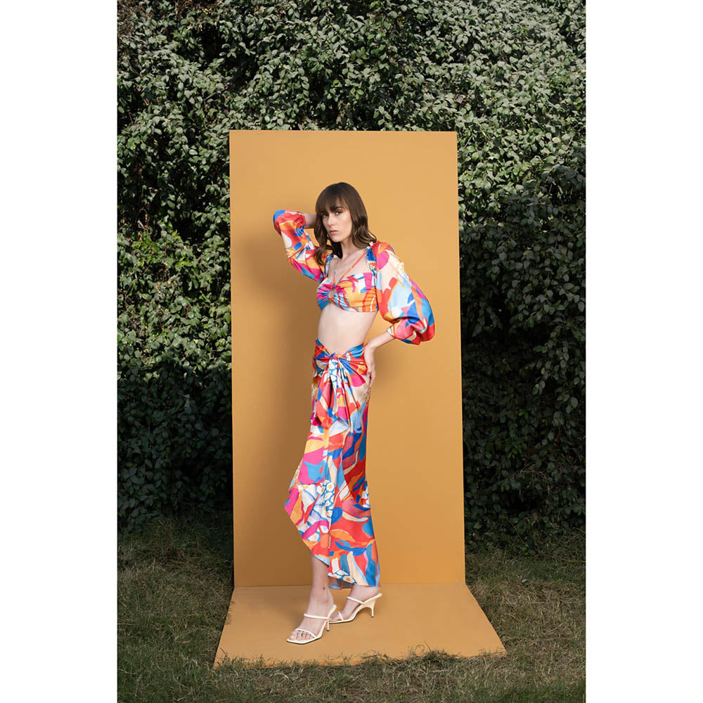 MANDIRA WIRK Pop Abstract Printed Satin Top and Wrap Skirt (Set of 2)