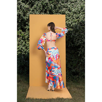 MANDIRA WIRK Pop Abstract Printed Satin Top and Wrap Skirt (Set of 2)