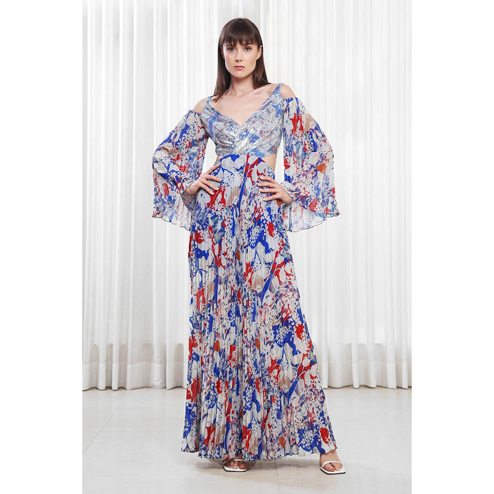 MANDIRA WIRK Blue Mist Printed Dress in Pleats and Sequins