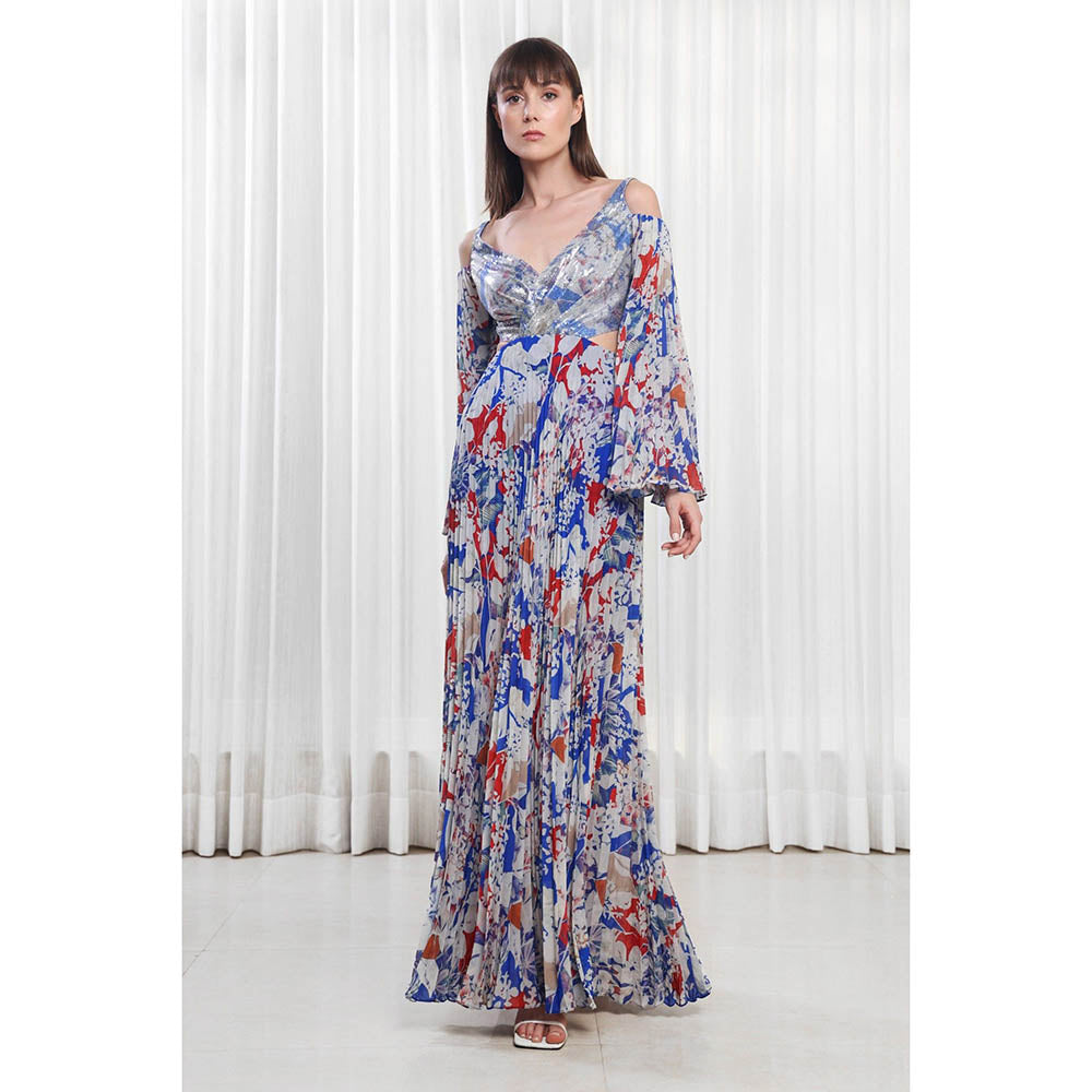 MANDIRA WIRK Blue Mist Printed Dress in Pleats and Sequins